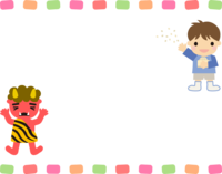 Children and red demons who sow beans Top and bottom setsubun frame Decorative frame