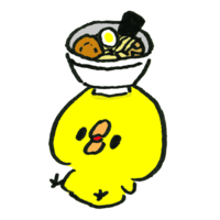 Chick with ramen on his head