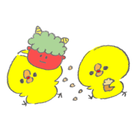 Chick sprinkling beans on Setsubun