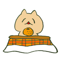 A cat looking at a mandarin orange in a kotatsu