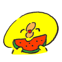 Chick eating watermelon with a smile