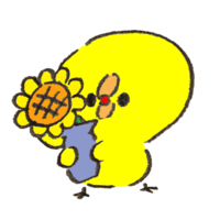 Chick with a vase containing sunflowers