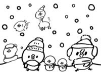 Coloring book of chicks playing in the snow