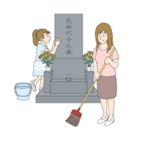 Mother and daughter cleaning the grave