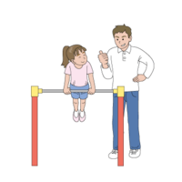 Dad and daughter practicing horizontal bar