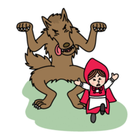 Little Red Riding Hood running away with a wolf