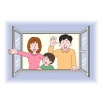 窓から手を振る家族