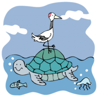 Crane on the back of a sea turtle