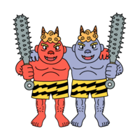 Red demon and blue demon with shoulders crossed
