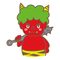 A scary red demon with a gold stick