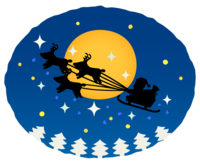 满月的夜空、圣诞老人和驯鹿