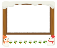 2つの雪だるまと木の看板のフレーム飾り枠