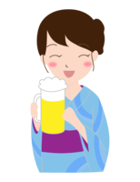 A woman drinking beer in a yukata