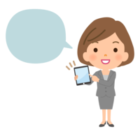 A female office worker holding a tablet and a speech bubble