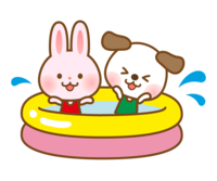 Cute dog and rabbit playing in the pool