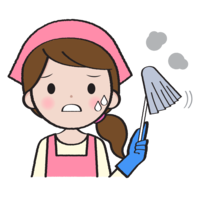 Housewife cleaning with a troubled face