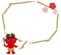 節分-赤鬼と梅の花の筆線吹き出しフレーム飾り枠