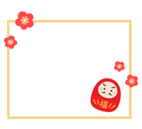 かわいい達磨(だるま)と梅の花の四角フレーム-枠