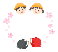 赤と黒のランドセルと小学生と桜のフレーム-枠