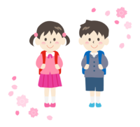 背着双肩包的小学生和樱花