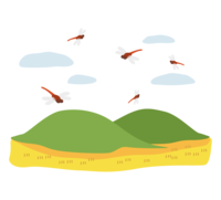 赤トンボが飛ぶ秋の田舎風景