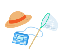 Straw hat, insect catching basket and insect catching net